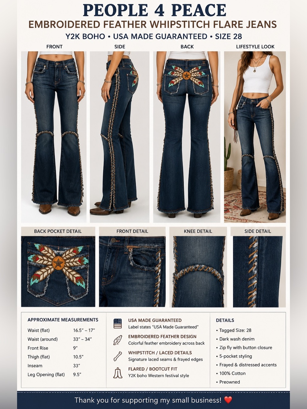 People for Peace Jeans Women’s 28 Embroidered Feather Whipstitch Y2K Flare Boho